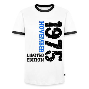 1975 November Limited Edition 48th Birthday Decoration - Men's Ringer Shirt - white/black - Front - AI Model Female 172 light (172cm) & AI Model Male 178 dark (178cm)