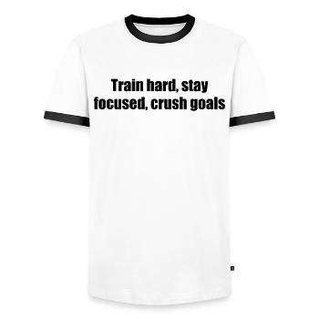 Fitness - Entraînez-vous dur, restez concentré, atteignez vos objectifs - T-shirt contrasté Homme - blanc/noir - Devant - AI Model Female 172 light (172cm) & AI Model Male 178 dark (178cm)