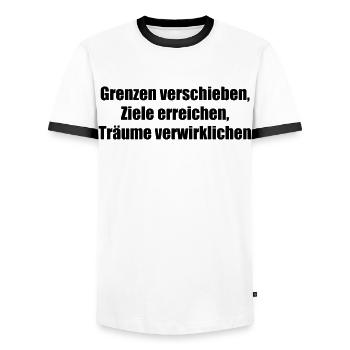 Fitness - Grenzen verschieben, Ziele erreichen, - Männer Kontrast-T-Shirt - Weiß/Schwarz - Vorne - AI Model Female 172 light (172cm) & AI Model Male 178 dark (178cm)