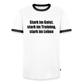 Fitness - Stark im Geist, stark im Training, - Männer Kontrast-T-Shirt - Weiß/Schwarz - Vorne - AI Model Female 172 light (172cm) & AI Model Male 178 dark (178cm)