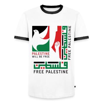 Free Palestine - will be free - Men's Ringer Shirt - white/black - Front - AI Model Female 172 light (172cm) & AI Model Male 178 dark (178cm)