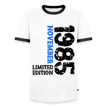 1985 November Limited Edition 38. Geburtstag Deko - Männer Kontrast-T-Shirt - Weiß/Schwarz - Vorne - AI Model Female 172 light (172cm) & AI Model Male 178 dark (178cm)