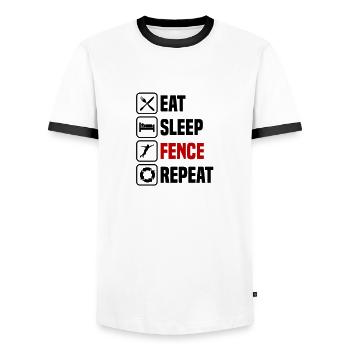 Manger, dormir, faire de l’escrime, répéter - T-shirt contrasté Homme - blanc/noir - Devant - AI Model Female 172 light (172cm) & AI Model Male 178 dark (178cm)