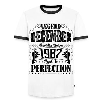 Décembre 1987. Cadeau d'Anniversaire decembre 1987 - T-shirt contrasté Homme - blanc/noir - Devant - AI Model Female 172 light (172cm) & AI Model Male 178 dark (178cm)