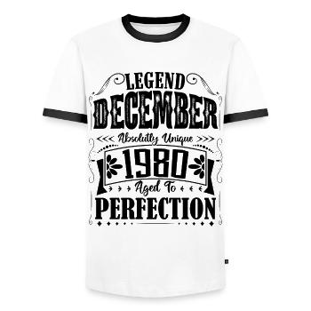 December 1980. December 1980 Birthday Gift - Men's Ringer Shirt - white/black - Front - AI Model Female 172 light (172cm) & AI Model Male 178 dark (178cm)