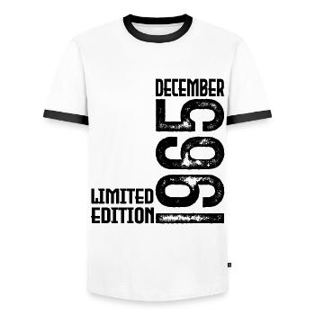 Birthday Gift December 1965. December 1965. - Men's Ringer Shirt - white/black - Front - AI Model Female 172 light (172cm) & AI Model Male 178 dark (178cm)