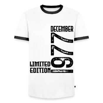 Birthday Gift December 1977. December 1977. - Men's Ringer Shirt - white/black - Front - AI Model Female 172 light (172cm) & AI Model Male 178 dark (178cm)