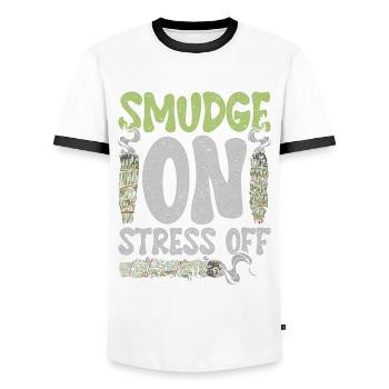 Smudging Wohnung Ausräuchern Smudge On Stress Off - Männer Kontrast-T-Shirt - Weiß/Schwarz - Vorne - AI Model Female 172 light (172cm) & AI Model Male 178 dark (178cm)