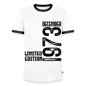 Birthday Gift December 1973. December 1973. - Men's Ringer Shirt - white/black - Front - AI Model Female 172 light (172cm) & AI Model Male 178 dark (178cm)