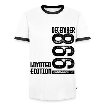 Birthday Gift December 1998. December 1998. - Men's Ringer Shirt - white/black - Front - AI Model Female 172 light (172cm) & AI Model Male 178 dark (178cm)