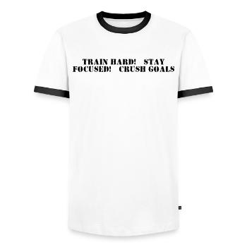Fitness - Entraînez-vous dur, restez concentré, atteignez vos objectifs - T-shirt contrasté Homme - blanc/noir - Devant - AI Model Female 172 light (172cm) & AI Model Male 178 dark (178cm)