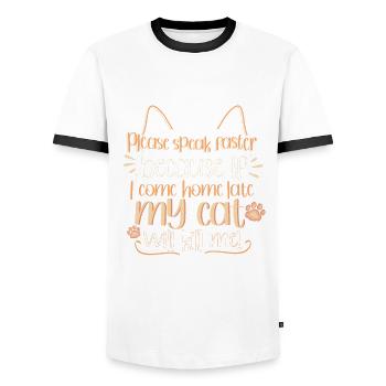 S’il vous plaît, parlez plus vite - mon chat peut me tuer - T-shirt contrasté Homme - blanc/noir - Devant - AI Model Female 172 light (172cm) & AI Model Male 178 dark (178cm)