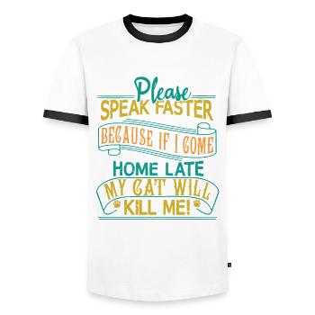S’il vous plaît, parlez plus vite - mon chat peut me tuer - T-shirt contrasté Homme - blanc/noir - Devant - AI Model Female 172 light (172cm) & AI Model Male 178 dark (178cm)
