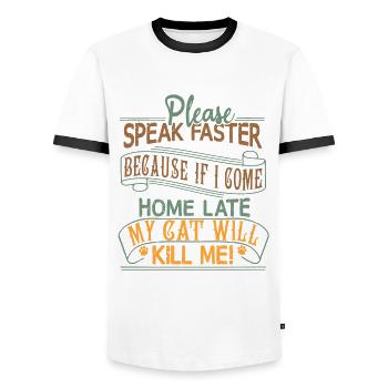 S’il vous plaît, parlez plus vite - mon chat peut me tuer - T-shirt contrasté Homme - blanc/noir - Devant - AI Model Female 172 light (172cm) & AI Model Male 178 dark (178cm)