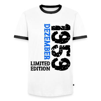 1959 December Limited Edition 64th Birthday Decoration - Men's Ringer Shirt - white/black - Front - AI Model Female 172 light (172cm) & AI Model Male 178 dark (178cm)