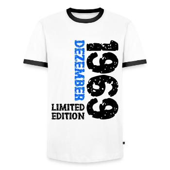 1969 December Limited Edition 54th Birthday Decoration - Men's Ringer Shirt - white/black - Front - AI Model Female 172 light (172cm) & AI Model Male 178 dark (178cm)