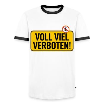 Schild: Voll Viel Verboten - Männer Kontrast-T-Shirt - Weiß/Schwarz - Vorne - AI Model Female 172 light (172cm) & AI Model Male 178 dark (178cm)