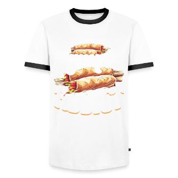 Lumpia Addict - Men's Ringer Shirt - white/black - Front - AI Model Female 172 light (172cm) & AI Model Male 178 dark (178cm)