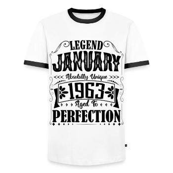 Janvier 1963. Cadeau d'Anniversaire janvier 1963. - T-shirt contrasté Homme - blanc/noir - Devant - AI Model Female 172 light (172cm) & AI Model Male 178 dark (178cm)