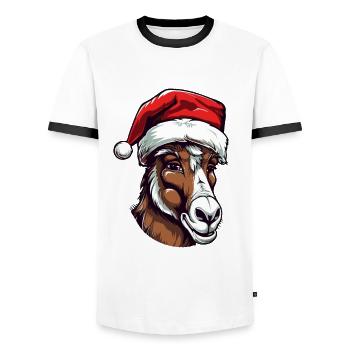 Donkey Head Christmas Portrait - Men's Ringer Shirt - white/black - Front - AI Model Female 172 light (172cm) & AI Model Male 178 dark (178cm)