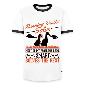 Indian Runner Duck Gift Running Duck - Men's Ringer Shirt - white/black - Front - AI Model Female 172 light (172cm) & AI Model Male 178 dark (178cm)