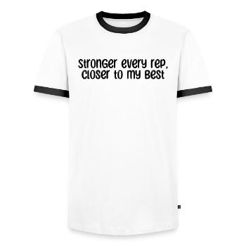 Fitness - Plus fort à chaque répétition, plus proche de mon meilleur niveau - T-shirt contrasté Homme - blanc/noir - Devant - AI Model Female 172 light (172cm) & AI Model Male 178 dark (178cm)