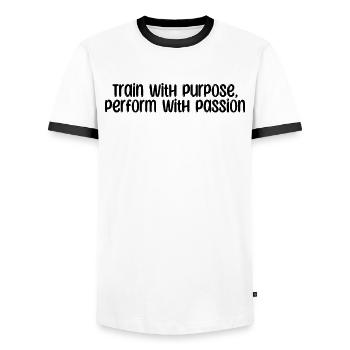 Fitness - Train with purpose, perform with - Männer Kontrast-T-Shirt - Weiß/Schwarz - Vorne - AI Model Female 172 light (172cm) & AI Model Male 178 dark (178cm)