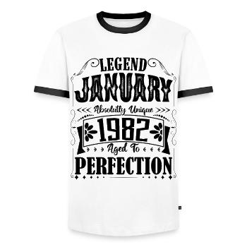 Januar 1982. Januar 1982 Geburtstagsgeschenk. - Männer Kontrast-T-Shirt - Weiß/Schwarz - Vorne - AI Model Female 172 light (172cm) & AI Model Male 178 dark (178cm)