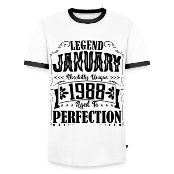 January 1988. January 1988 Birthday Gift. - Men's Ringer Shirt - white/black - Front - AI Model Female 172 light (172cm) & AI Model Male 178 dark (178cm)