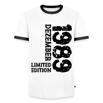 1989 December Limited Edition 34th Birthday Decoration - Men's Ringer Shirt - white/black - Front - AI Model Female 172 light (172cm) & AI Model Male 178 dark (178cm)