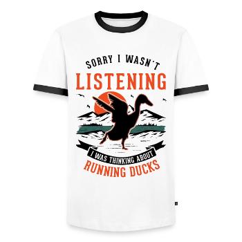 Indian Runner Duck Gift Bottle Duck - Men's Ringer Shirt - white/black - Front - AI Model Female 172 light (172cm) & AI Model Male 178 dark (178cm)