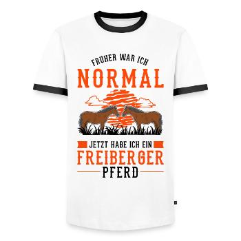 Freiberger Pferd Reiterin - Männer Kontrast-T-Shirt - Weiß/Schwarz - Vorne - AI Model Female 172 light (172cm) & AI Model Male 178 dark (178cm)