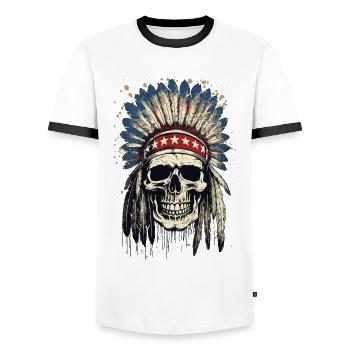 Skull Indian Chief Feather Headdress USA - Men's Ringer Shirt - white/black - Front - AI Model Female 172 light (172cm) & AI Model Male 178 dark (178cm)