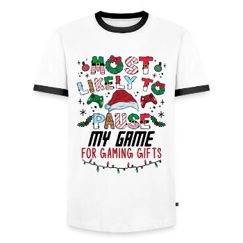Christmas Gamer Pause My Game For Gaming Gifts - Men's Ringer Shirt - white/black - Front - AI Model Female 172 light (172cm) & AI Model Male 178 dark (178cm)