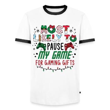 Christmas Gamer Pause My Game For Gaming Gifts - Men's Ringer Shirt - white/black - Front - AI Model Female 172 light (172cm) & AI Model Male 178 dark (178cm)