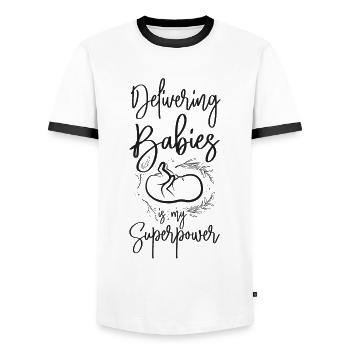 Infirmière spécialisée dans le travail et l’accouchement - T-shirt contrasté Homme - blanc/noir - Devant - AI Model Female 172 light (172cm) & AI Model Male 178 dark (178cm)
