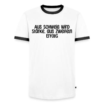 Fitness - Aus Schweiß wird Stärke, aus Zweifeln - Männer Kontrast-T-Shirt - Weiß/Schwarz - Vorne - AI Model Female 172 light (172cm) & AI Model Male 178 dark (178cm)
