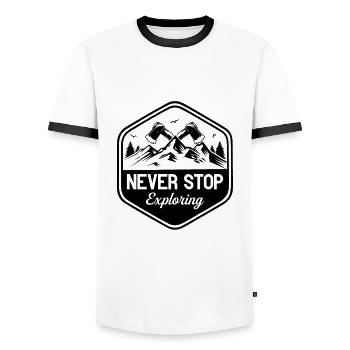 N’arrêtez jamais d’explorer - Randonnée en plein air - T-shirt contrasté Homme - blanc/noir - Devant - AI Model Female 172 light (172cm) & AI Model Male 178 dark (178cm)