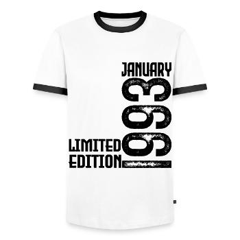 January 1993 Anniversary Gift. January 1993. - Men's Ringer Shirt - white/black - Front - AI Model Female 172 light (172cm) & AI Model Male 178 dark (178cm)