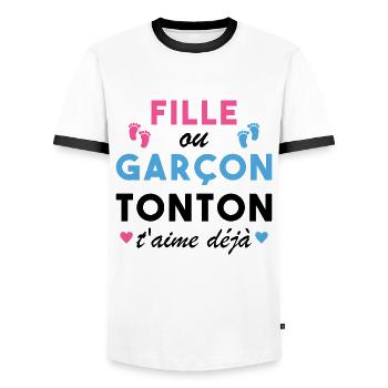 Fille ou Garçon Annonce Bébé Tonton T'aime Déjà - T-shirt contrasté Homme - blanc/noir - Devant - AI Model Female 172 light (172cm) & AI Model Male 178 dark (178cm)
