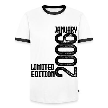 January 2006 Birthday Gift. January 2006. - Men's Ringer Shirt - white/black - Front - AI Model Female 172 light (172cm) & AI Model Male 178 dark (178cm)
