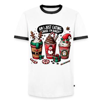 I'm bored eating - Funny Women's Christmas Coffee - Männer Kontrast-T-Shirt - Weiß/Schwarz - Vorne - AI Model Female 172 light (172cm) & AI Model Male 178 dark (178cm)