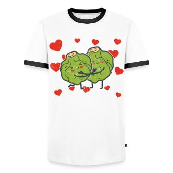 Choux de Bruxelles Couple Étreindre Choux De Bruxelles - T-shirt contrasté Homme - blanc/noir - Devant - AI Model Female 172 light (172cm) & AI Model Male 178 dark (178cm)