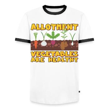 Allotment vegetables are healthy - Men's Ringer Shirt - white/black - Front - AI Model Female 172 light (172cm) & AI Model Male 178 dark (178cm)