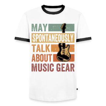 May Spontaneously Talk About Music Gear - Men's Ringer Shirt - white/black - Front - AI Model Female 172 light (172cm) & AI Model Male 178 dark (178cm)