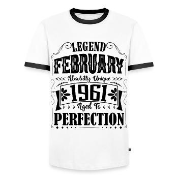 February 1961. February 1961 Birthday Gift. - Men's Ringer Shirt - white/black - Front - AI Model Female 172 light (172cm) & AI Model Male 178 dark (178cm)