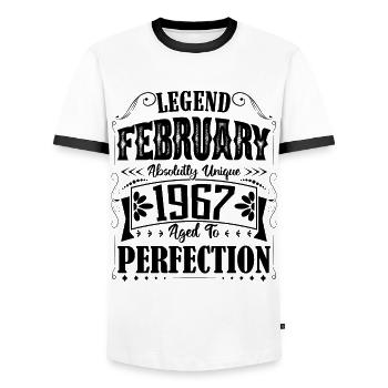 Février 1967. Cadeau d'Anniversaire février 1967. - T-shirt contrasté Homme - blanc/noir - Devant - AI Model Female 172 light (172cm) & AI Model Male 178 dark (178cm)