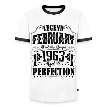 Février 1963. Cadeau d'Anniversaire février 1963. - T-shirt contrasté Homme - blanc/noir - Devant - AI Model Female 172 light (172cm) & AI Model Male 178 dark (178cm)
