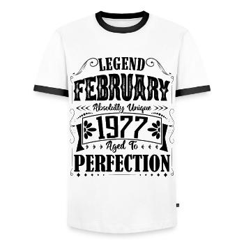 February 1977. February 1977 Birthday Gift. - Men's Ringer Shirt - white/black - Front - AI Model Female 172 light (172cm) & AI Model Male 178 dark (178cm)