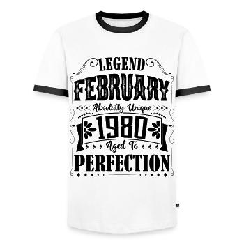 February 1980. February 1980 Birthday Gift. - Men's Ringer Shirt - white/black - Front - AI Model Female 172 light (172cm) & AI Model Male 178 dark (178cm)